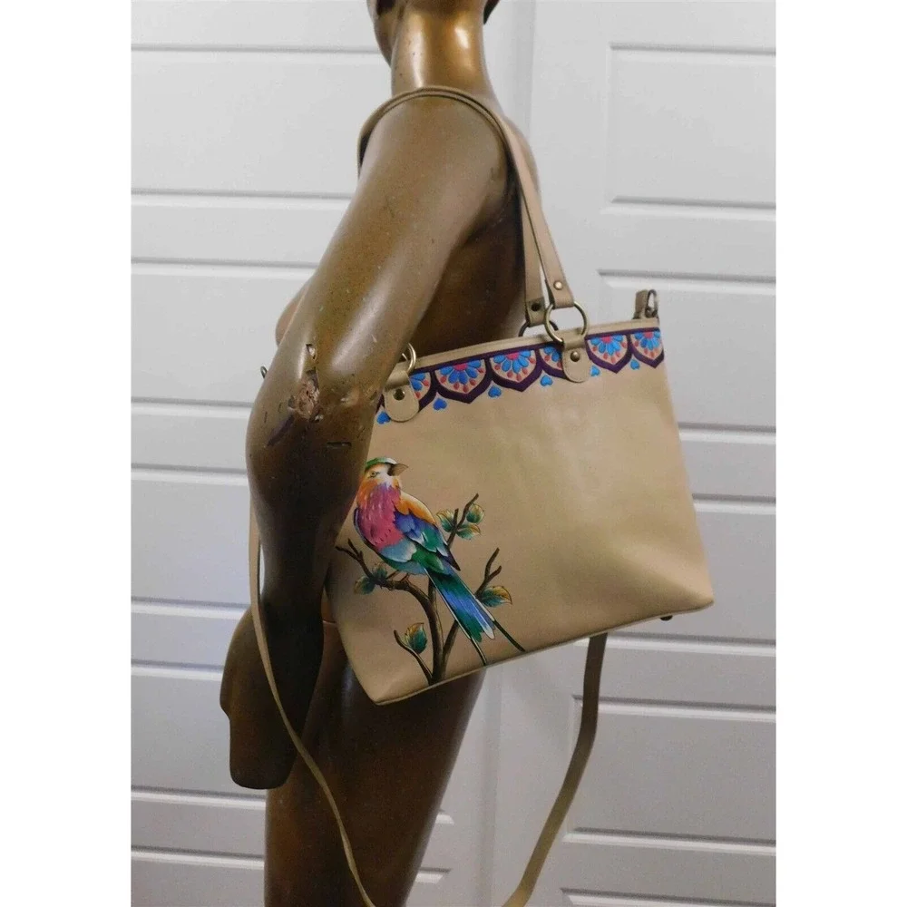 Anuschka Hand Painted Embroidered Tan Leather Parrot Large Tote Shoulder Bag‎